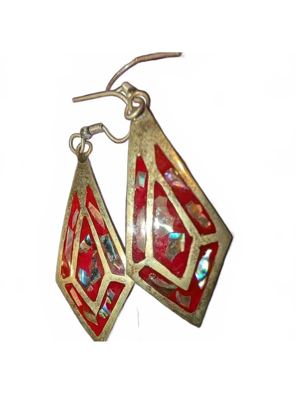 Vintage Alpaca Mexico Geometric Red and Abalone Inlay Dangle Earrings